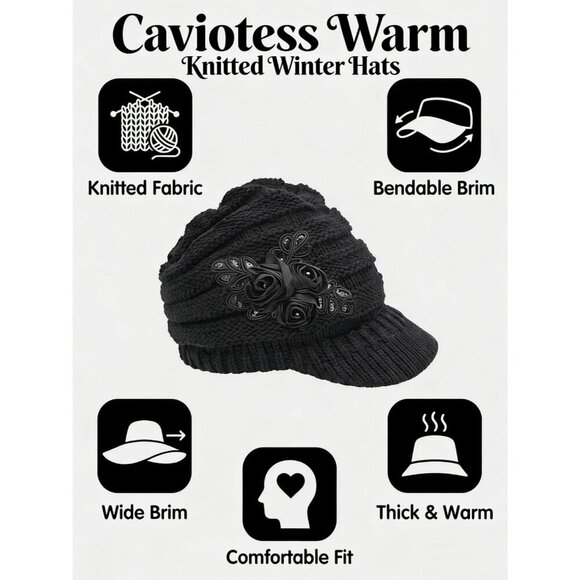 Women\'s Beautiful Style Crochet Black Flower Brim Knit Winter Warm Hat Cap